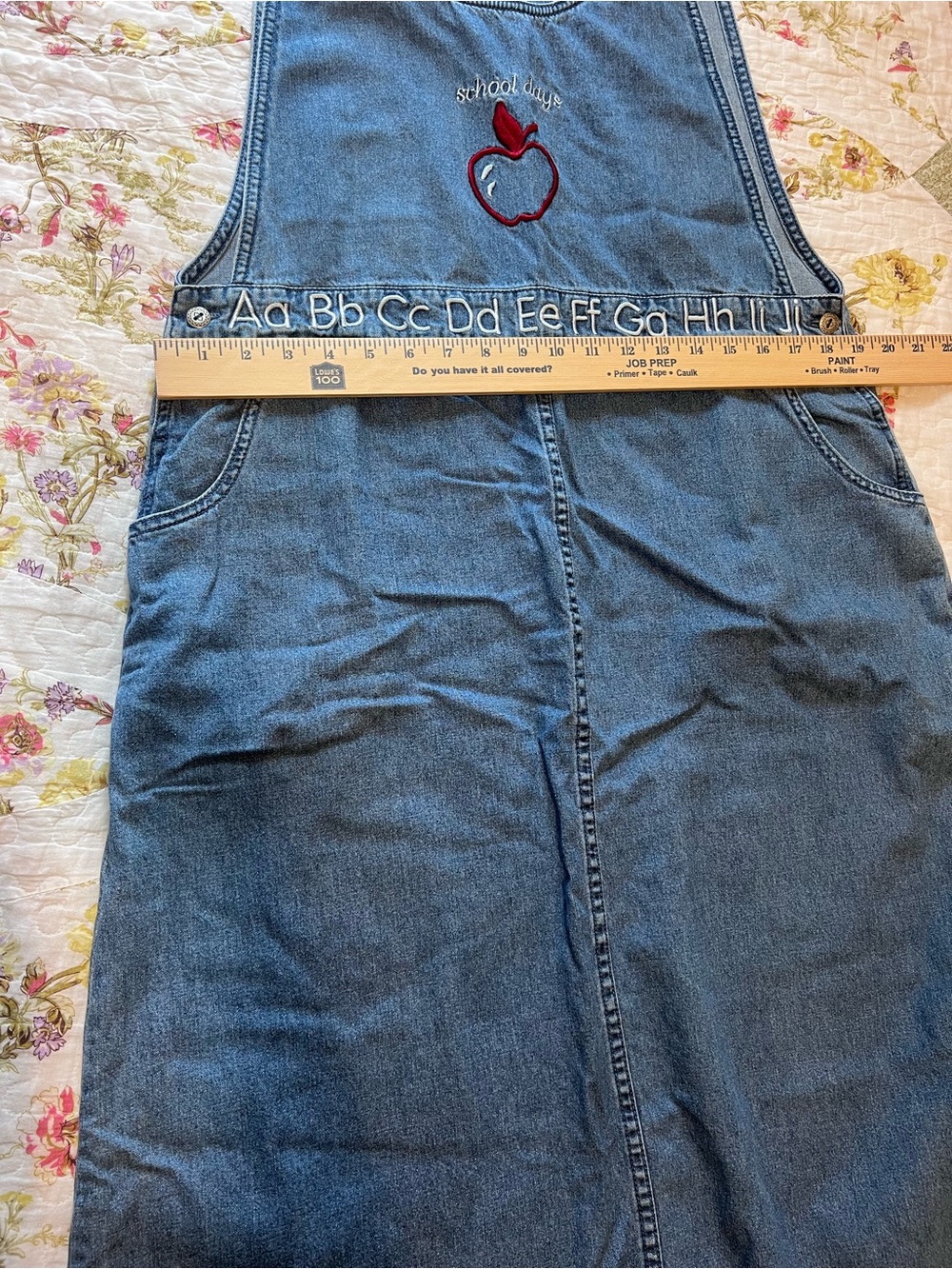 VTG Christopher & Banks Denim Jumper Dress Teacher School Days Apple Alphabet L - Picture 10 of 11